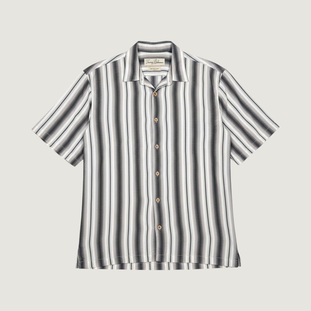 Tommy Bahama Mens Large Gray White Striped 100% Tencel Short Sleeve Camp Shirt